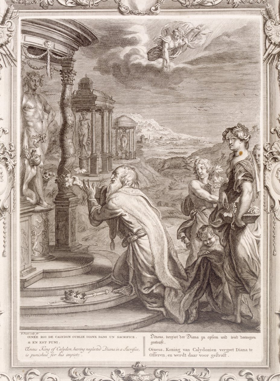Oeneus, rei de Calydon, tendo negligenciado Diana em um sacrifício é castigado por sua impiedade, 1731 de Bernard Picart