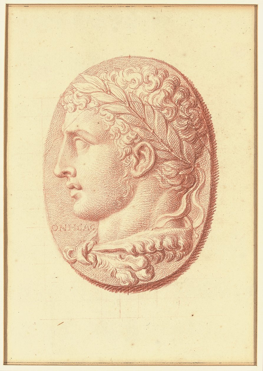 Um de quatro estudos após os cameos, três com retratos de perfil clássico e um com um relevo fragmentado de Cupido e dois leões a desenhar uma carruagem (giz vermelho sobre papel) de Bernard Picart