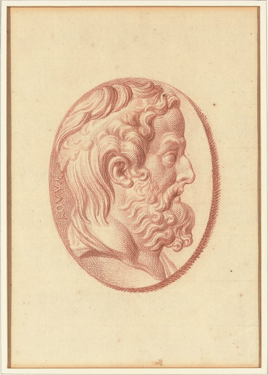 Um de quatro estudos após os cameos, três com retratos de perfil clássico e um com um relevo fragmentado de Cupido e dois leões a desenhar uma carruagem (giz vermelho sobre papel) de Bernard Picart