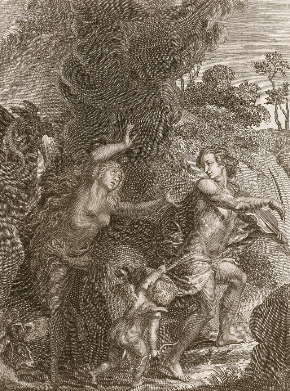 Orfeu, liderando Eurydice do inferno, olha para trás e perde a eternidade, 1731 de Bernard Picart