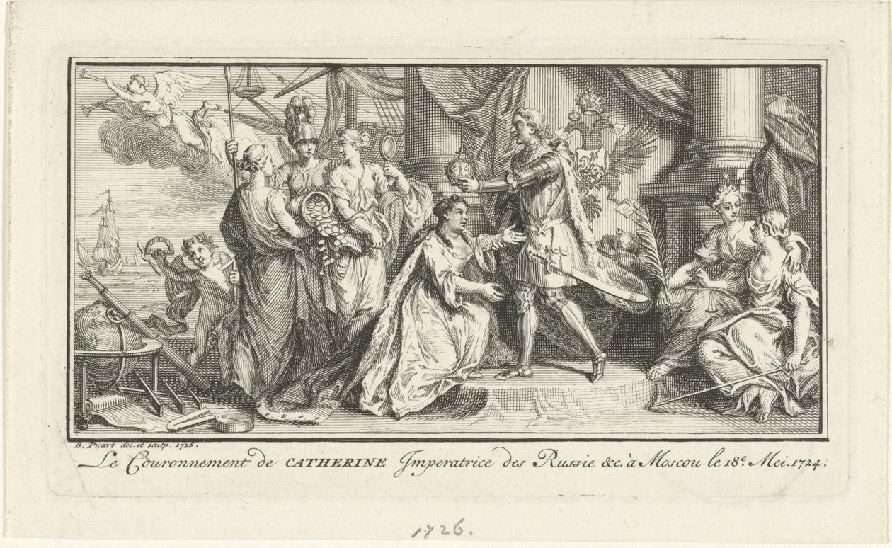 Pedro, o Grande, coroa sua esposa Catarina I como Imperatriz, 1726 de Bernard Picart