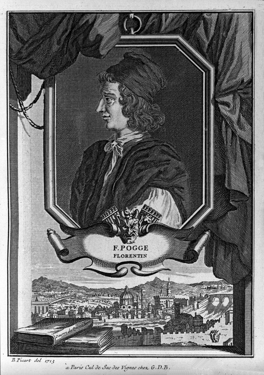 Retrato de Giovanni Francesco Poggio Bracciolini, dit Le Pogge ou Le Pogge Florentin (1380-1459), humanista italiano, gravura de Bernard Picart, Paris de Bernard Picart