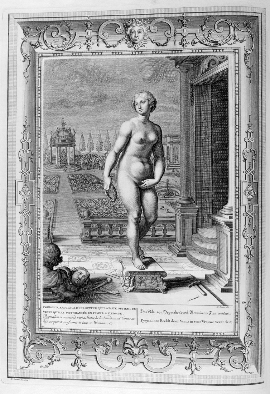 Pigmalião está apaixonado por uma estátua que ele fez, 1733. de Bernard Picart