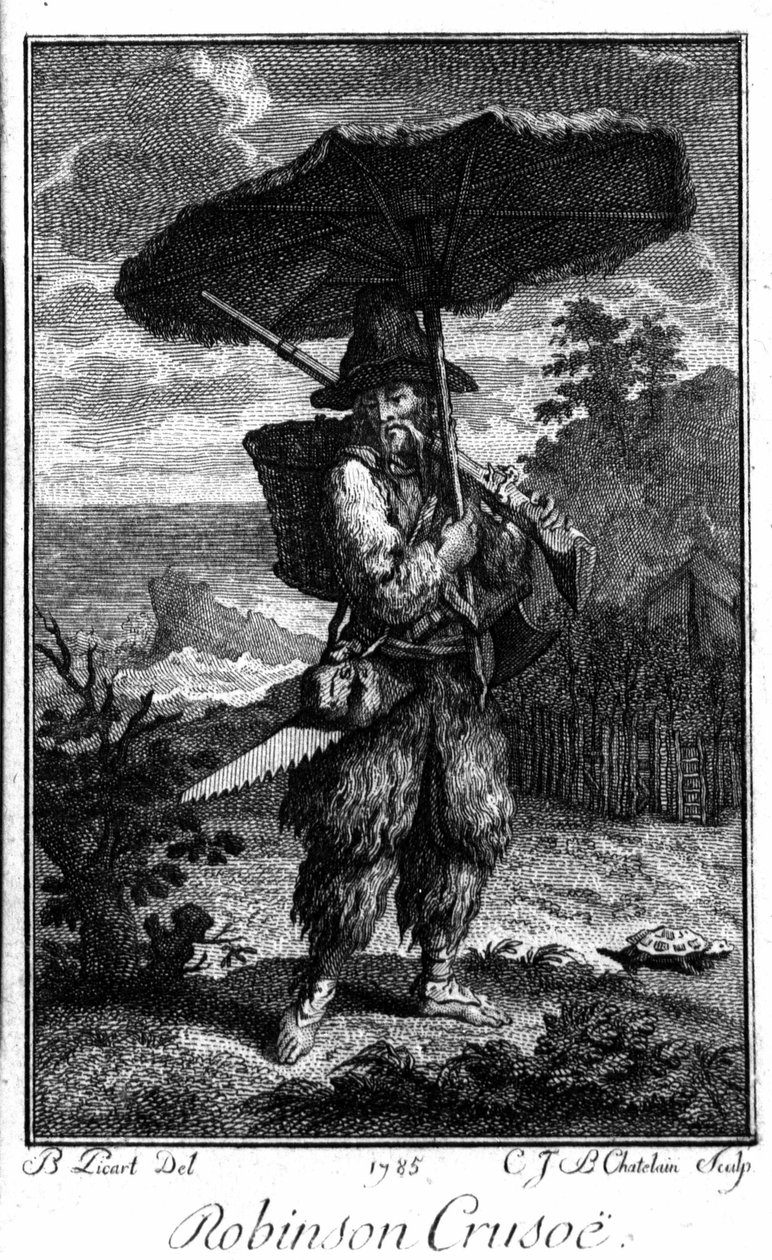 Representação de Robinson Crusoe na sua ilha deserta. Gravura de Bernard Picart (1673-1733) ilustrando o romance de Daniel Defoe ou De Foe (1660-1731) de Bernard Picart