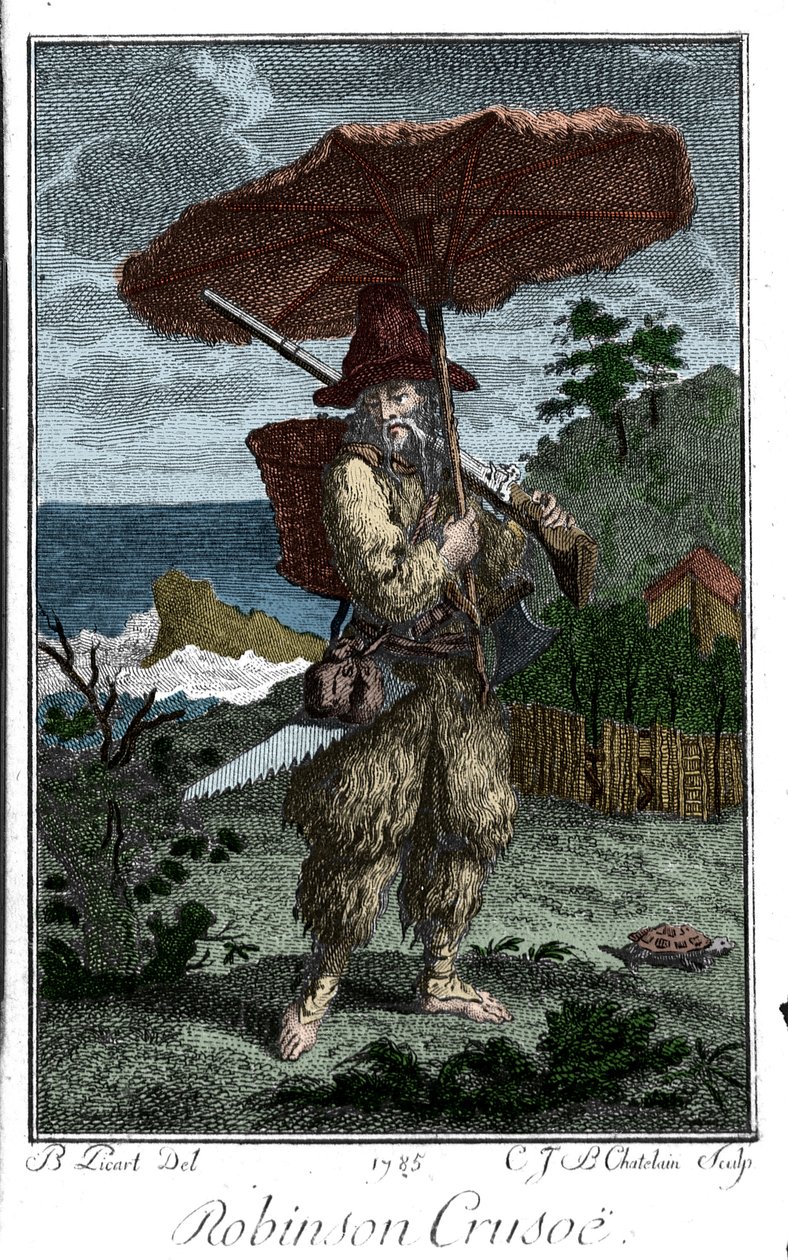 Representação de Robinson Crusoe na sua ilha deserta. Gravura de Bernard Picart (1673-1733) ilustrando o romance de Daniel Defoe ou De Foe (1660-1731) de Bernard Picart