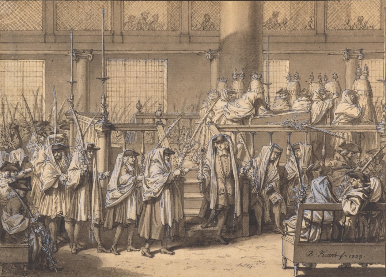 Procissão com ramos de palmeira durante a Festa dos Tabernáculos na Sinagoga Portuguesa de Amesterdão de Bernard Picart