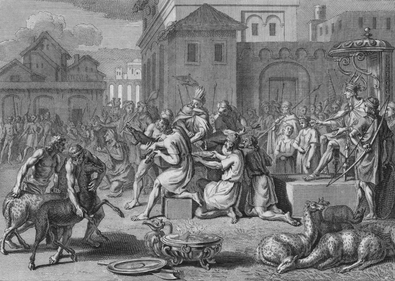 Sacrifício de um cordeiro preto, o dia da grande festa do sol, 1723. de Bernard Picart
