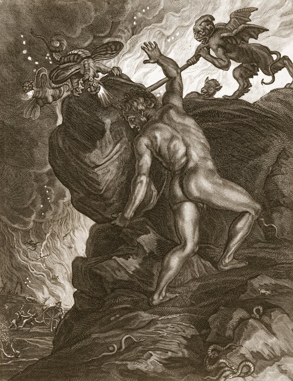 Sísifo empurrando sua pedra até uma montanha, 1731 de Bernard Picart