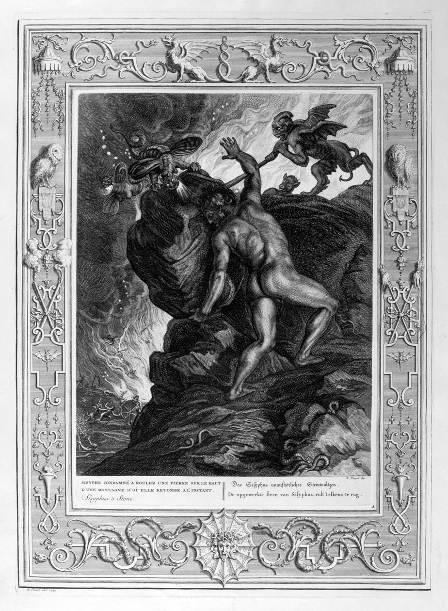 Sísifo empurrando sua pedra para cima de uma montanha, 1733 de Bernard Picart
