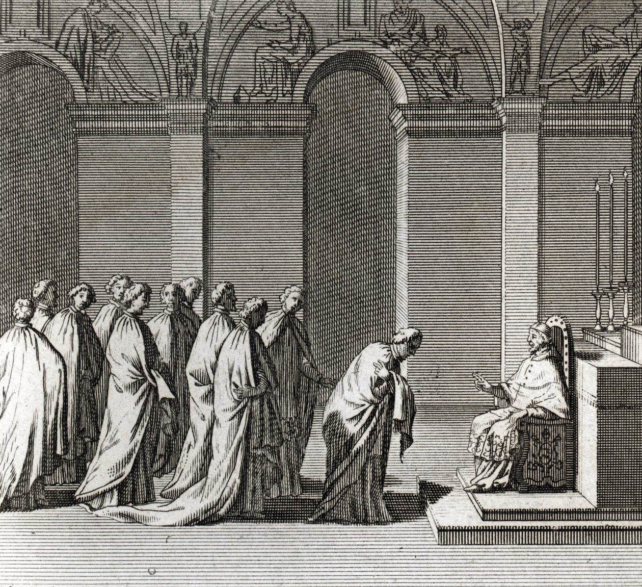 Inauguração solene do Pontificado: "A Adoração do Papa na Capela Sistina" (Inauguração Papal: Adoração do Papa na Capela Sistina) Gravura da "Ilustração de Cerimônias e Costumes Religiosos de Todos os Povos do Mundo". de Bernard Picart