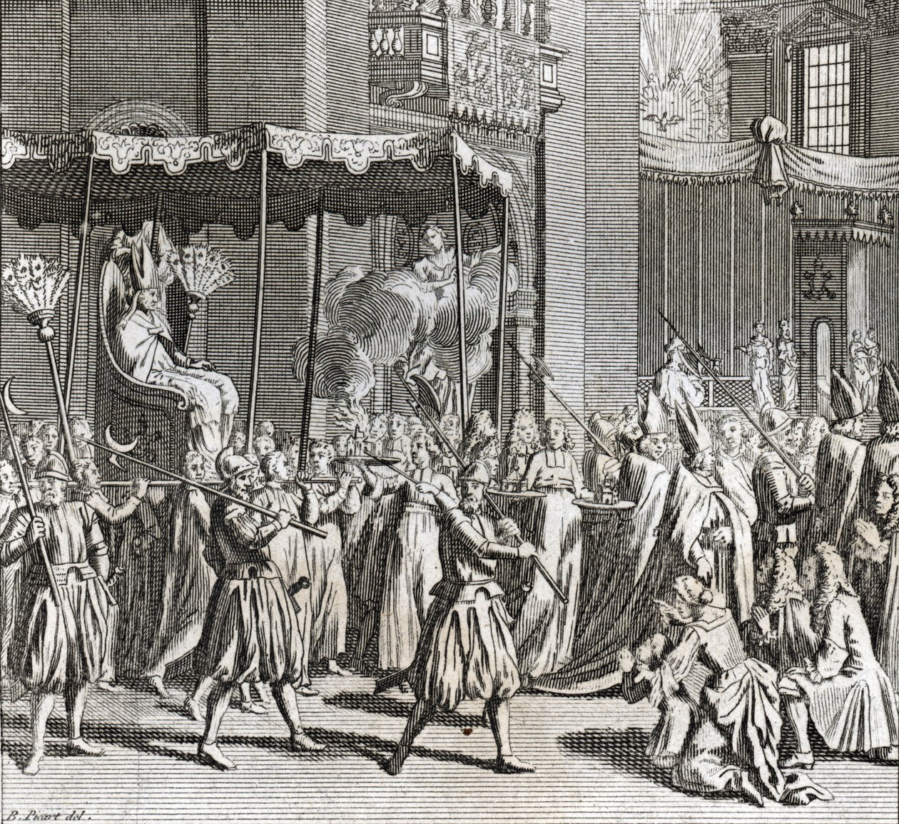 Inauguração solene do Pontificado: a queima de um pano) Gravura de "Illustration de ceremonies et customs religieuses de tous les peuples du monde" de Bernard Picart (1723-1743) 1819 Colecção privada de Bernard Picart