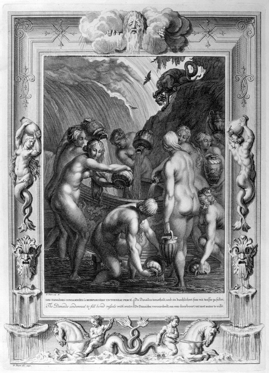 Os Danaides condenaram a encher embarcações entediadas com água, 1733 de Bernard Picart