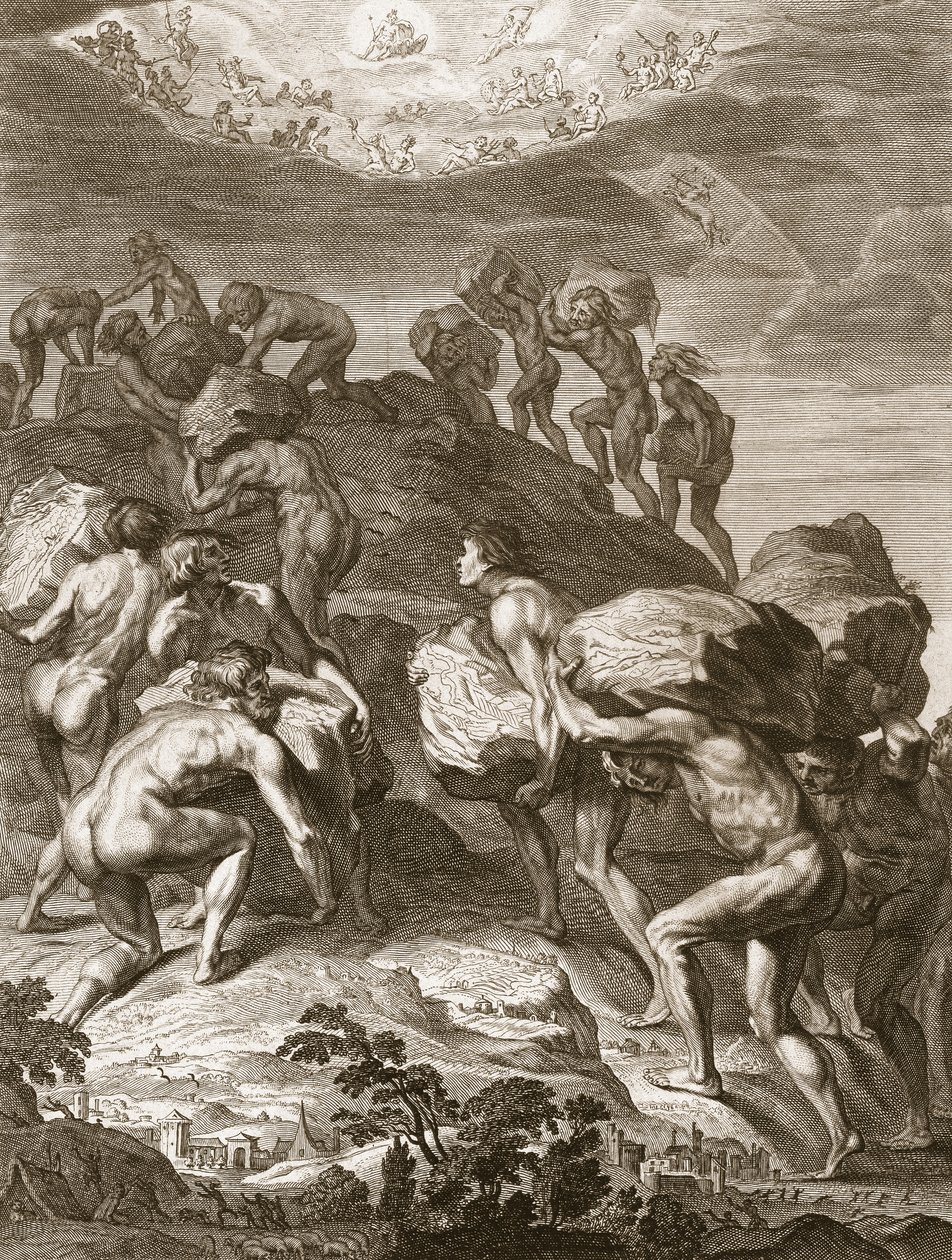 Os gigantes tentam escalar o céu empilhando montanhas em cima de outro, 1731 de Bernard Picart