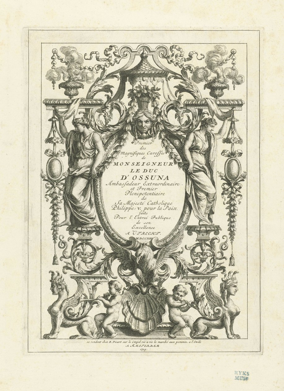 Gravura de frontispício para a série de pranchas da carruagem de Estado do duque de Osuna, 1713 de Bernard Picart