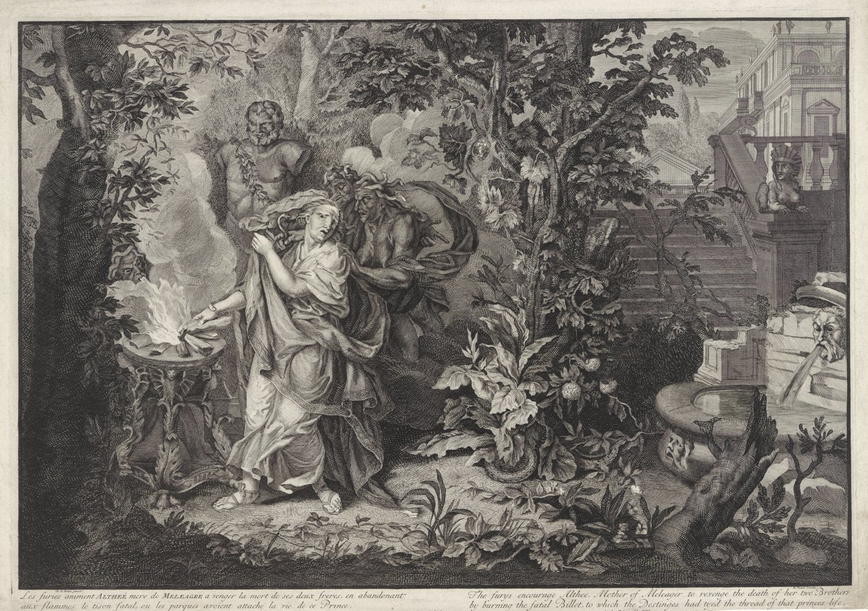 Deusas da vingança encorajam Althaea a queimar o tronco de Meleager História de Meleager (título da série) de Bernard Picart