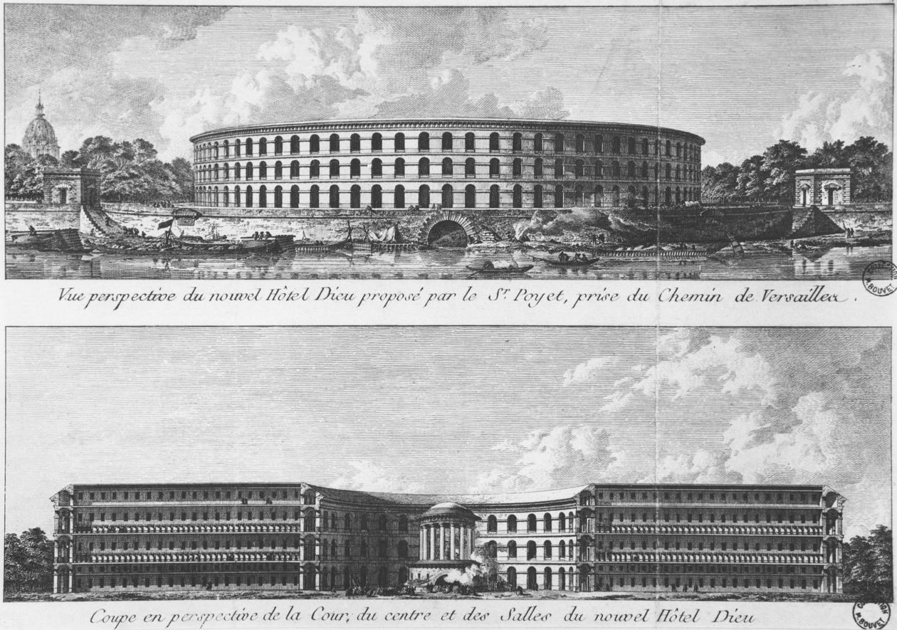 Projeto para a transferência de um novo Hotel-Dieu na Ile aux Cygnes, Paris, c.1787 (foto bw) de Bernard Poyet