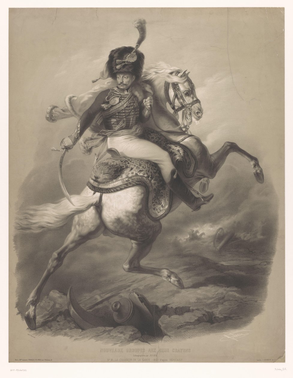 Oficial de assalto a cavalo Le chasseur de la garde (título no objeto) Novas litografias com dois tipos de giz (título da série) Nouveaux groups aux deux crayons (título da série no objeto) de Bernard Romain Julien