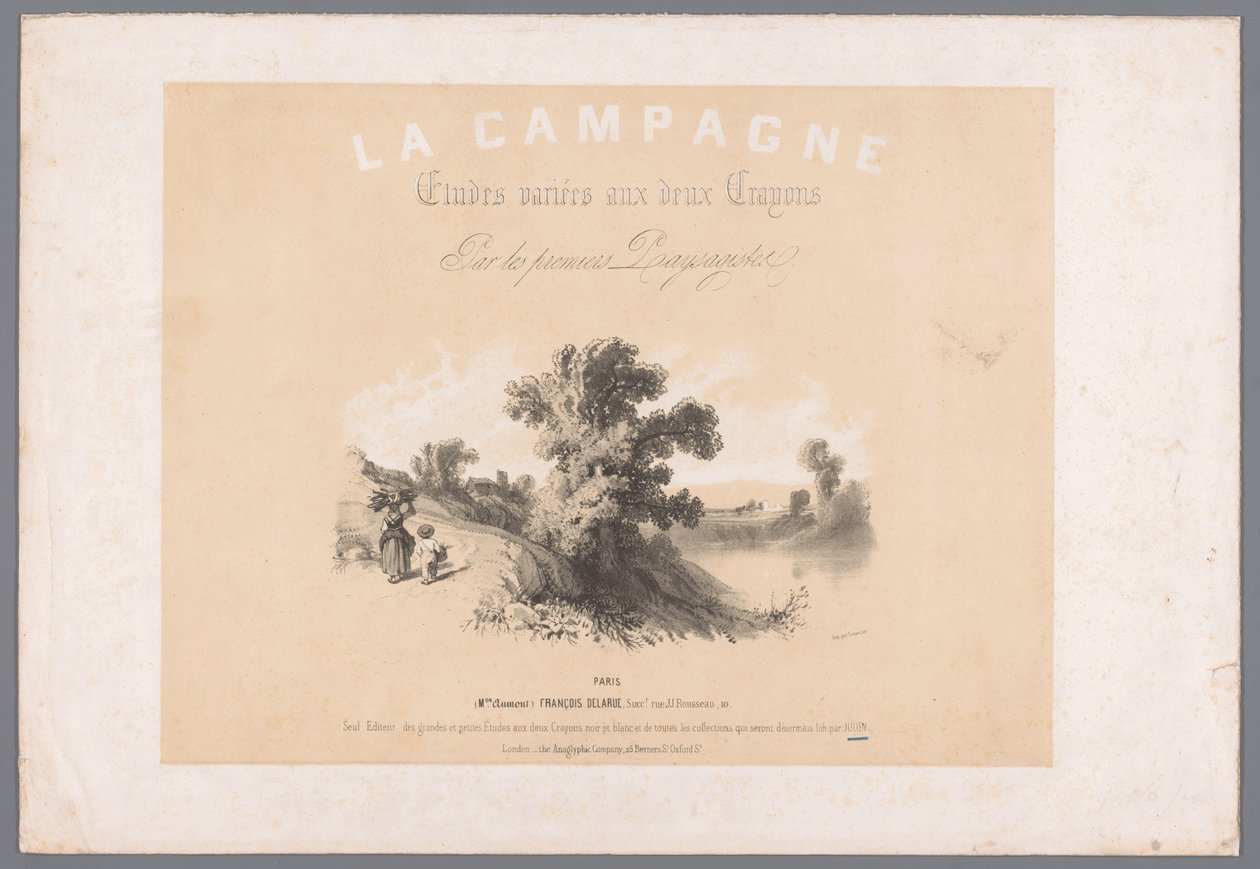 Capa para seis gravuras que retratam a vida rural A Campanha. Etudes varieés aux deux Crayons par les premiers Paysagistes (título no objeto) Representações da vida rural (título da série) A Campanha. Os estudos variam de Bernard Romain Julien
