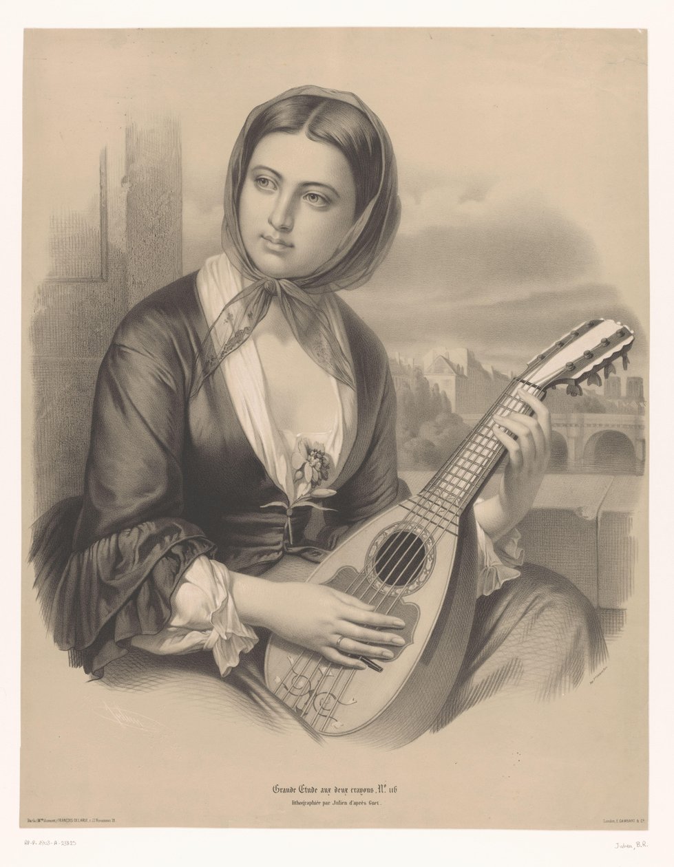 Mulher tocando bandolim Grandes estudos em dois tipos de giz (título da série) Grande étude aux deux crayons (título da série no objeto) de Bernard Romain Julien