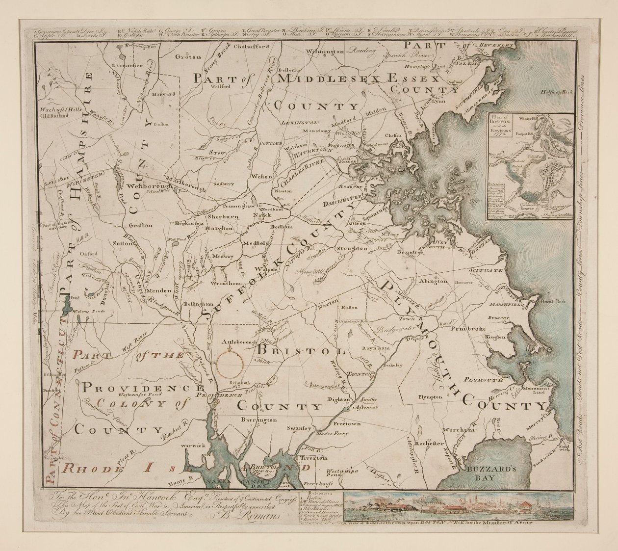 Mapa de Boston e arredores, ca. 1775 de Bernard Romans