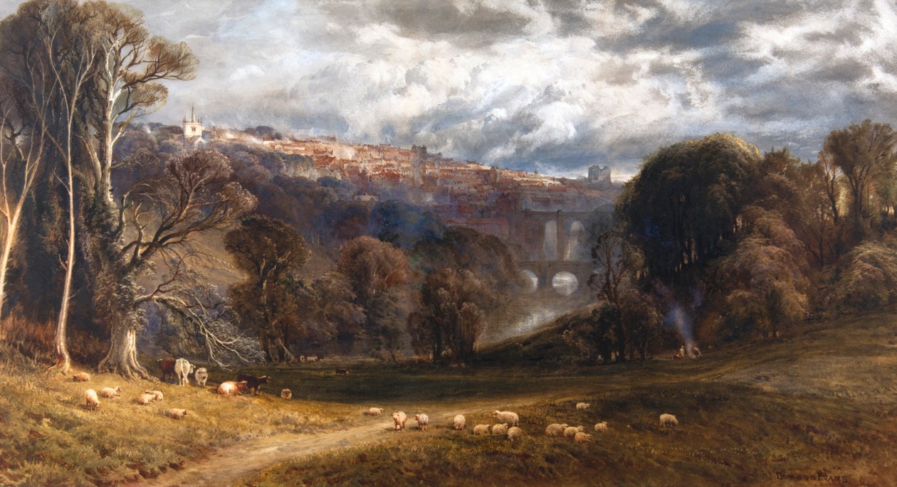 Uma vista de Knaresborough (aguarela e cor-de-rosa) de Bernard Walter Evans