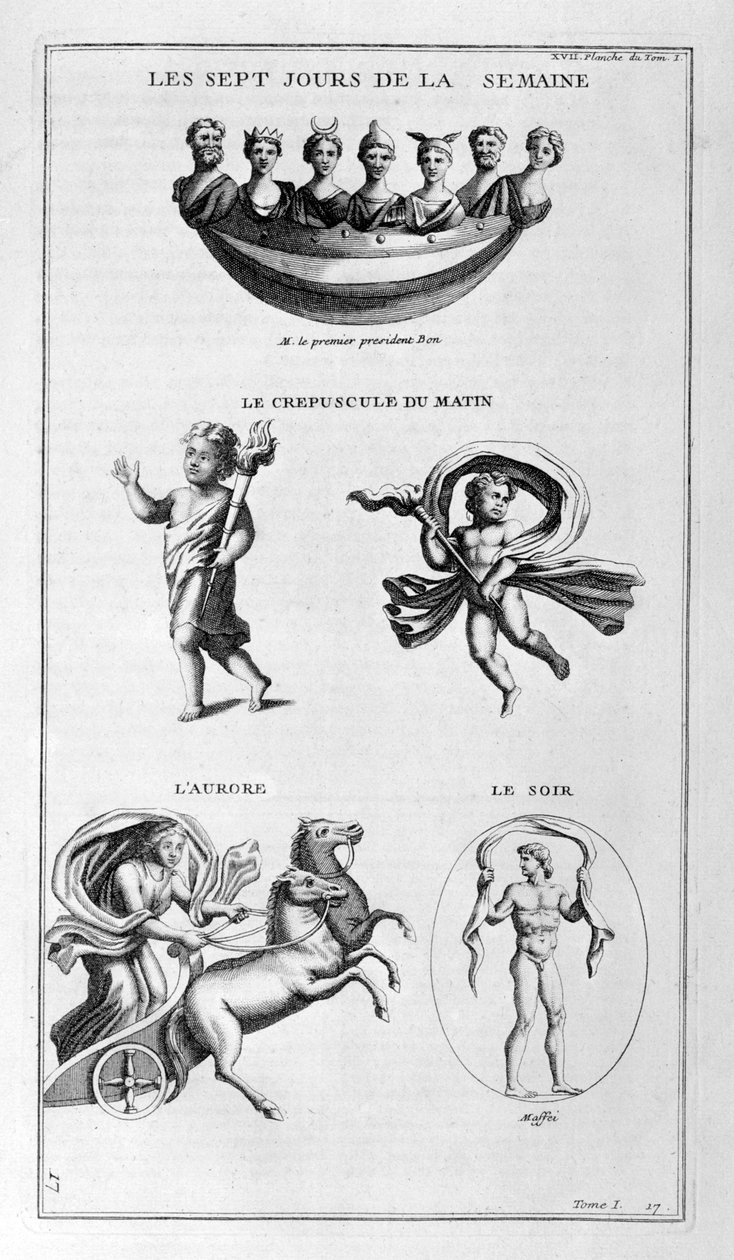 Sete dias da semana. Crepúsculo, manhã, madrugada, noite, 1757 de Bernard de Montfaucon