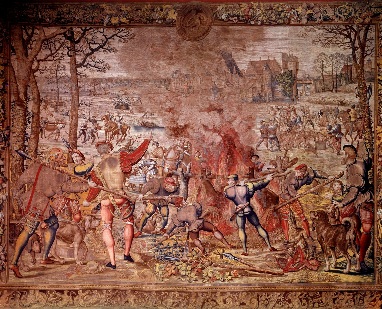 As caçadas de Maximilien chamadas "Belas caçadas de Guise": o mês de Janeiro, Aquarius, caça ao javali, flambee, curee - Tapeçaria feita nas oficinas flamengas por Bernard van Orley (Barend, Barent, Bernaert van Brussel de Bernard van (after) Orley