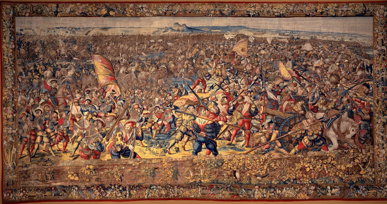 A Batalha de Pavia: Derrota da cavalaria francesa e a infantaria imperial apodera-se da artilharia inimiga de Bernard van & Dermoyen Willem (active 1520-1530s) Orley