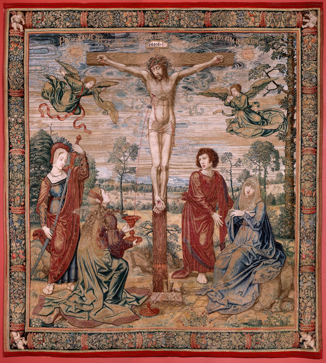 tapeçaria flamenga. Série Dais de Charles V (Baldachin de Margaret da Áustria). Cristo da Misericórdia (Cristo de la Misericordia). Painel de tapeçaria atrás do estrado. Modelo Bernard van Orley (1491-1542). Manufatura Pieter de Pannemaker, Bruxelas. 1518- de Bernard van Orley