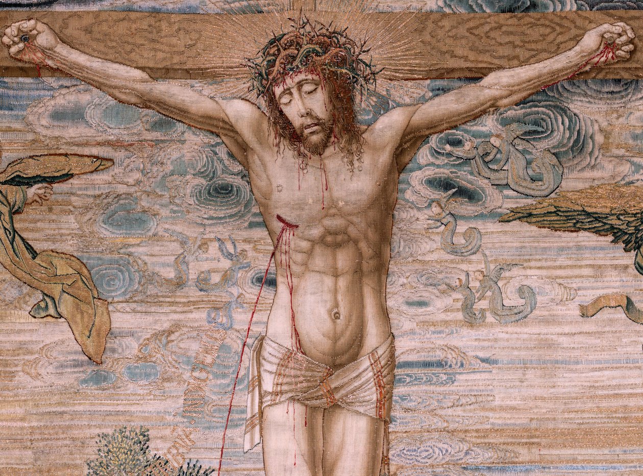 Tapeçaria flamenga. Série Dais of Charles V (Baldachin de Margaret da Áustria). Cristo da Misericórdia (Cristo de la Misericordia). Painel de tapeçaria por detrás da margarida. Modelo Bernard van Orley (1491-1542). Fabrico Pieter de Pannemaker, Bruxelas. 1 de Bernard van Orley