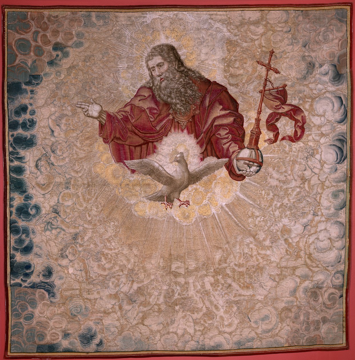 Tapeçaria flamenga. Série Dais of Charles V (Baldachin de Margaret da Áustria). Deus Pai e o Espírito Santo (El Padre Eterno y el Espíritu Santo). Tapeçaria baldaquino da dais. Modelo Bernard van Orley (1491-1542). Fabrico Pieter de Pannemaker, de Bernard van Orley