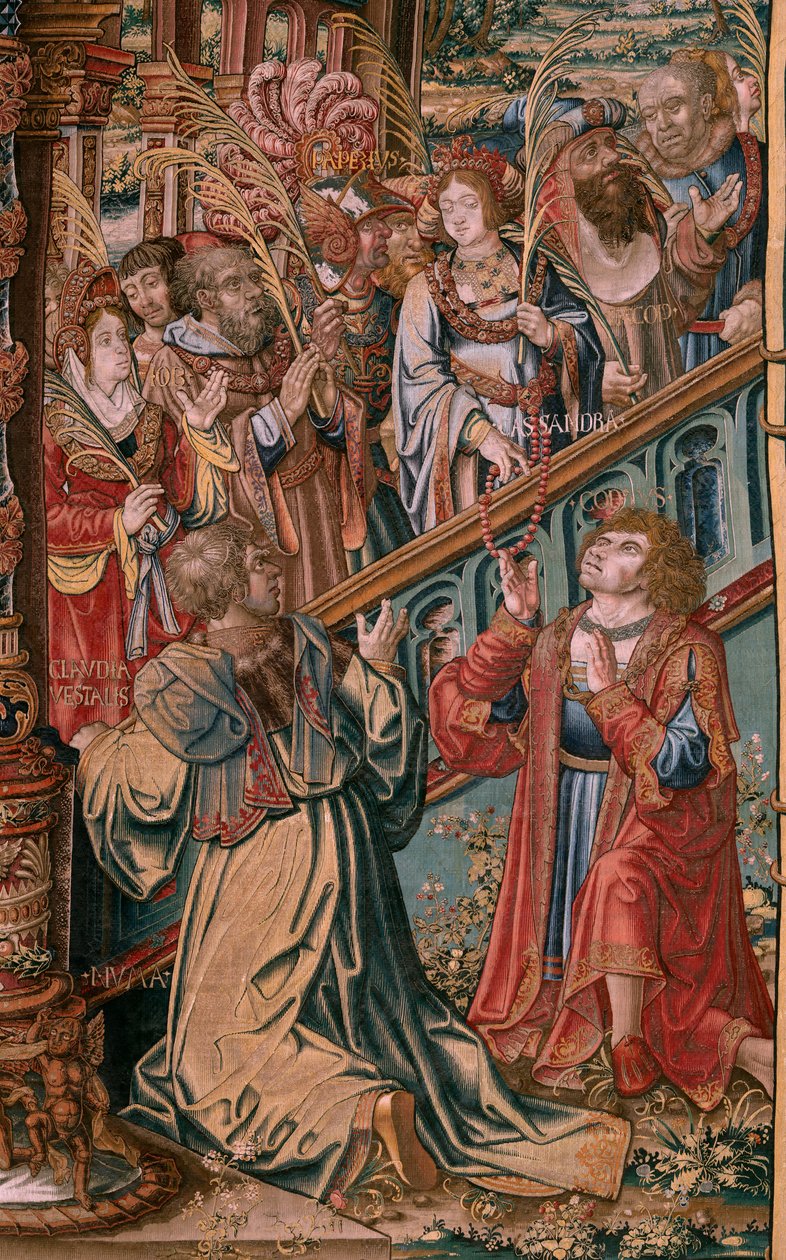 Tapeçaria flamenga. Série As Honras. A Fé (La Fe). A primeira tapeçaria da série. Modelos cartoonistas do círculo de Bernard van Orley e Jan Gossaert (Mabuse). Fabrico Pieter van Aelst, Bruxelas. Ca 1550. Tecido Ouro, prata, seda e lã. de Bernard van Orley