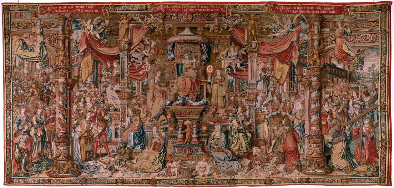 tapeçaria flamenga. Série As Honras. Fé (La Fé). Primeira tapeçaria da série. Cartunistas modelo do círculo de Bernard van Orley e Jan Gossaert (Mabuse). Fabricação Pieter van Aelst, Bruxelas. Ca 1550. Tecido Ouro, prata, seda e lã. de Bernard van Orley