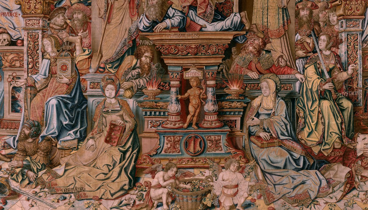 Tapeçaria flamenga. Série As Honras. A Fé (La Fe). A primeira tapeçaria da série. Modelos cartoonistas do círculo de Bernard van Orley e Jan Gossaert (Mabuse). Fabrico Pieter van Aelst, Bruxelas. Ca 1550. Tecido Ouro, prata, seda e lã. de Bernard van Orley