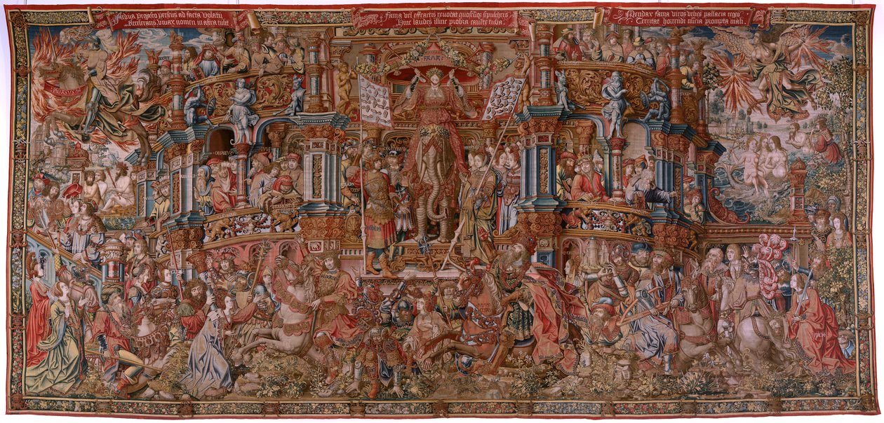 tapeçaria flamenga. Série As Honras. Fama (La Fama). Terceira tapeçaria da série. Cartunistas modelo do círculo de Bernard van Orley e Jan Gossaert (Mabuse). Fabricação Pieter van Aelst, Bruxelas. Ca 1550. Tecido Ouro, prata, seda e lã. de Bernard van Orley