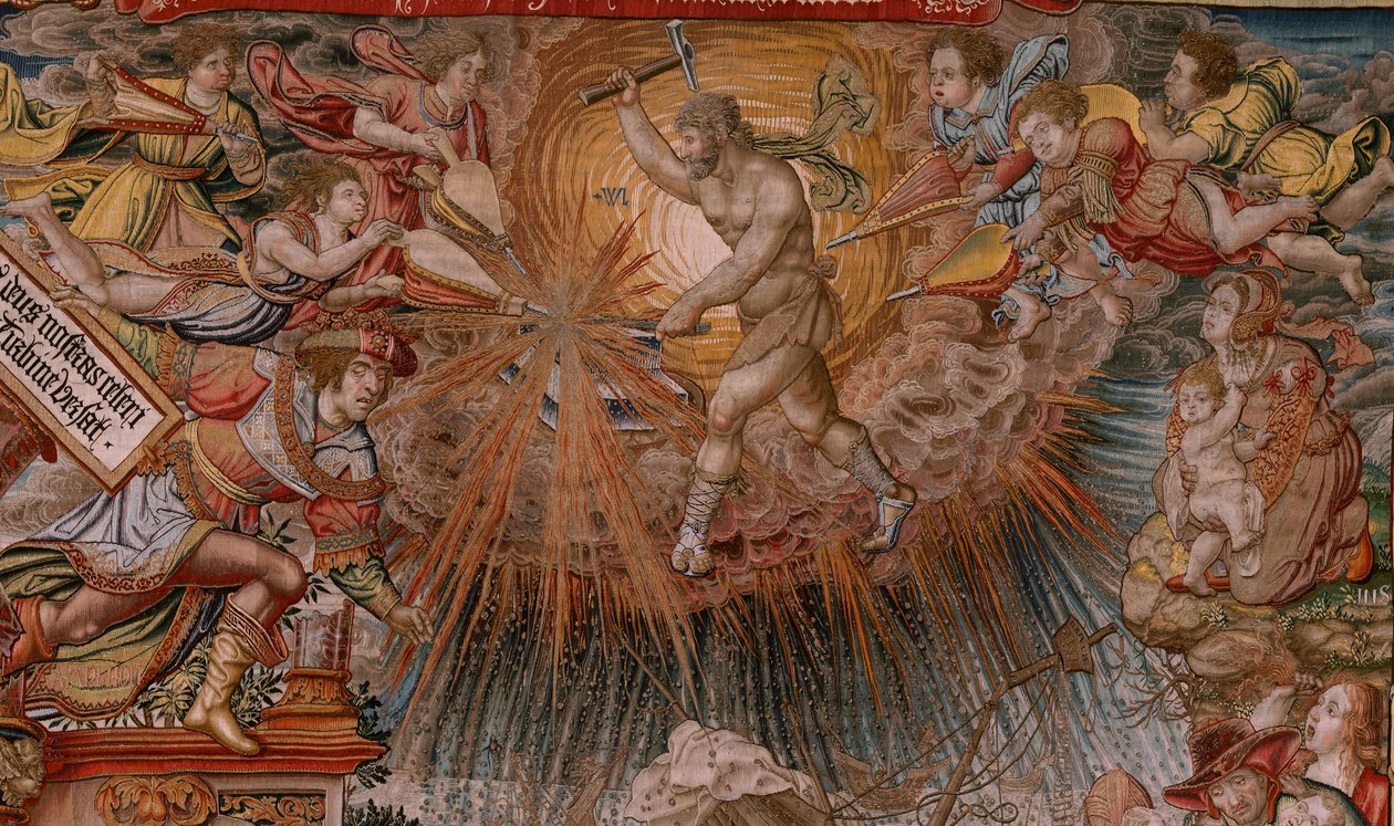 Tapeçaria flamenga. Série As Honras. Fortune, The way to the Honours (La Fortuna, Camino de los Honores). Quinta tapeçaria da série. Modelos cartoonistas do círculo de Bernard van Orley e Jan Gossaert de Mabuse. Fabrico Pieter van Aelst, Brusse de Bernard van Orley