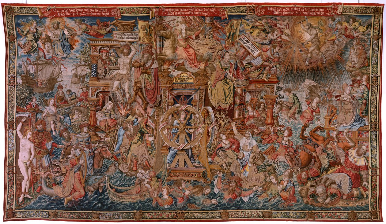 tapeçaria flamenga. Série As Honras. Fortuna, Caminho das Honras (La Fortuna, Camino de los Honores). Quinta tapeçaria da série. Cartunistas Modelo do círculo de Bernard van Orley e Jan Gossaert de Mabuse. Fabricação Pieter van Aelst, Brusse de Bernard van Orley