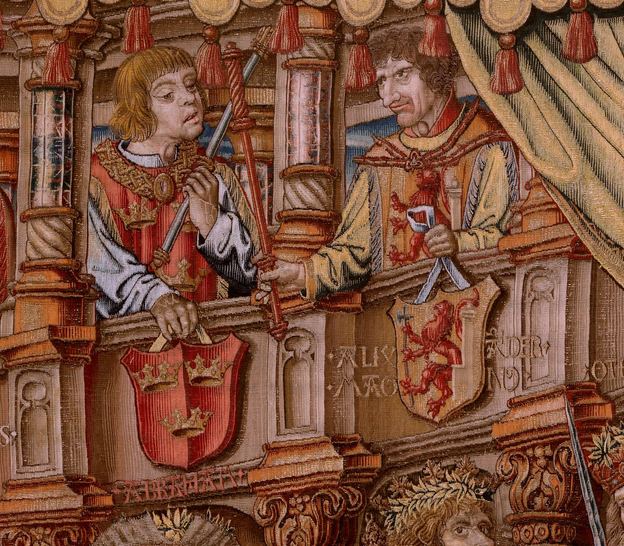 tapeçaria flamenga. Série As Honras. Honra (El Honor). Segunda tapeçaria da série. Cartunistas modelo do círculo de Bernard van Orley e Jan Gossaert (Mabuse). Fabricação Pieter van Aelst, Bruxelas. Ca 1550. Tecido Ouro, prata, seda e lã. de Bernard van Orley