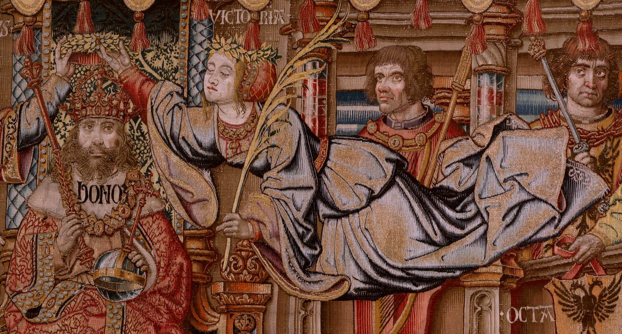 tapeçaria flamenga. Série As Honras. Honra (El Honor). Segunda tapeçaria da série. Cartunistas modelo do círculo de Bernard van Orley e Jan Gossaert (Mabuse). Fabricação Pieter van Aelst, Bruxelas. Ca 1550. Tecido Ouro, prata, seda e lã. de Bernard van Orley