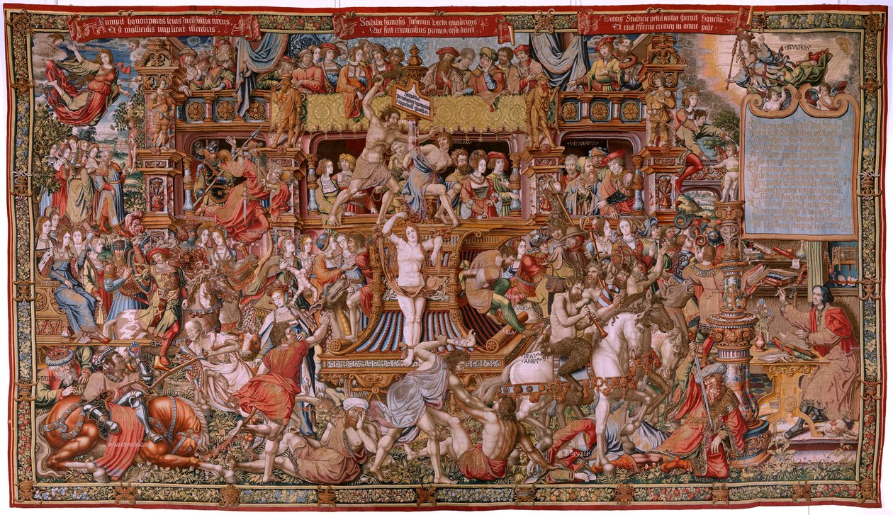 tapeçaria flamenga. Série As Honras. Infâmia (La Infâmia). Sexta tapeçaria da série. Cartunistas modelo do círculo de Bernard van Orley e Jan Gossaert (Mabuse). Fabricação Pieter van Aelst, Bruxelas. Ca 1550. Tecido Ouro, prata, seda e lã. de Bernard van Orley