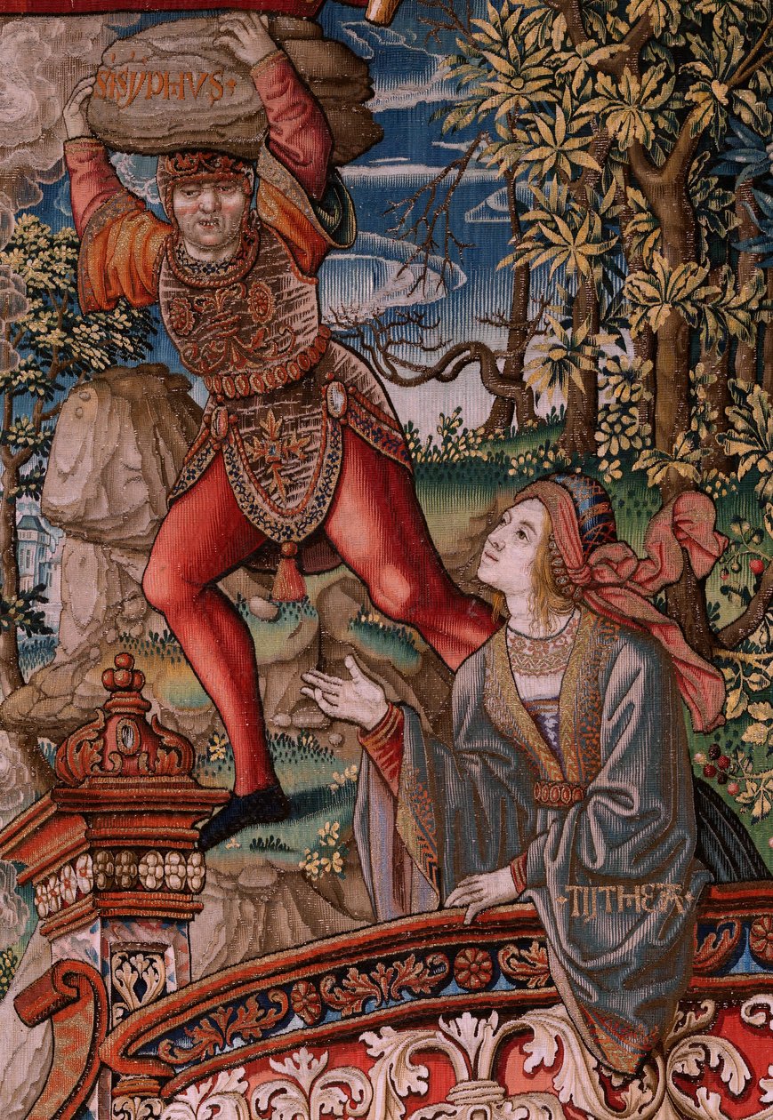 tapeçaria flamenga. Série As Honras. Justiça (La Justicia, Los Honores). Nona tapeçaria da série. Cartunistas modelo do círculo de Bernard van Orley e Jan Gossaert (Mabuse). Fabricação Pieter van Aelst, Bruxelas. Ca 1550. Tecido Ouro, prata, de Bernard van Orley