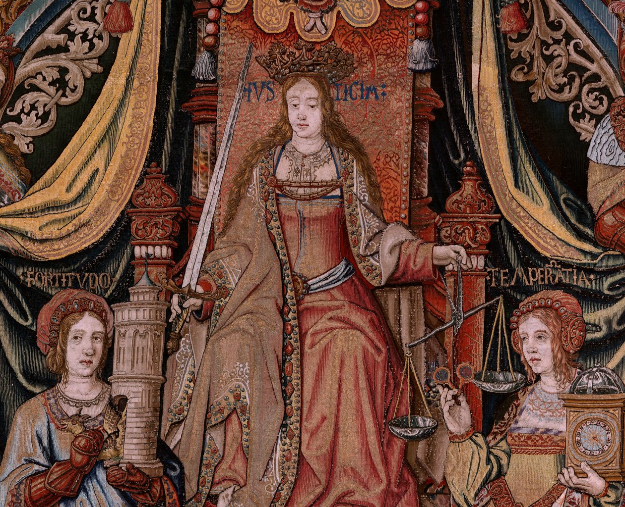 Tapeçaria flamenga. Série As Honras. Justiça (La Justicia, Los Honores). A nona tapeçaria da série. Modelos cartoonistas do círculo de Bernard van Orley e Jan Gossaert (Mabuse). Fabrico Pieter van Aelst, Bruxelas. Ca 1550. Tecido Ouro, prata, de Bernard van Orley