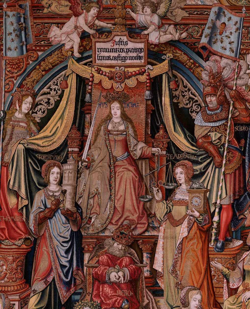 tapeçaria flamenga. Série As Honras. Justiça (La Justicia, Los Honores). Nona tapeçaria da série. Cartunistas modelo do círculo de Bernard van Orley e Jan Gossaert (Mabuse). Fabricação Pieter van Aelst, Bruxelas. Ca 1550. Tecido Ouro, prata, de Bernard van Orley