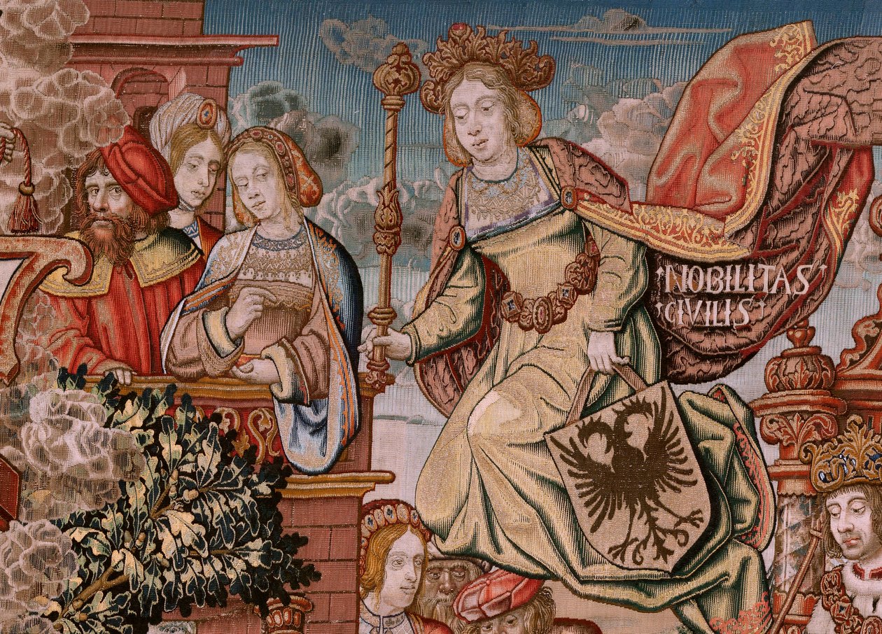 Tapeçaria flamenga. Série As Honras; Nobreza (La Nobleza). A quarta tapeçaria da série. Modelos cartoonistas do círculo de Bernard van Orley e Jan Gossaert (Mabuse). Fabrico Pieter van Aelst, Bruxelas. Ca 1550. Tecido Ouro, prata, seda e woo de Bernard van Orley