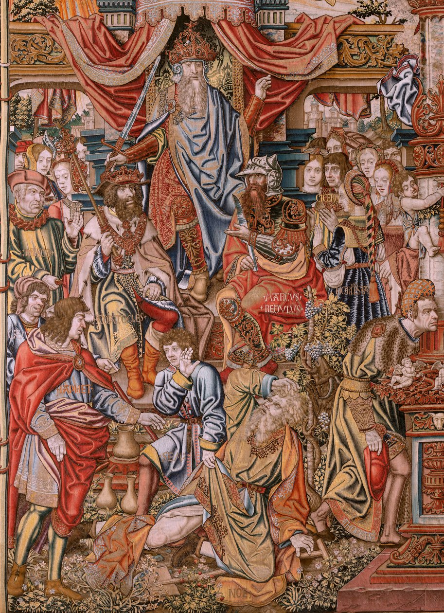 tapeçaria flamenga. Série As Honras; Nobreza (La Nobleza). Quarta tapeçaria da série. Cartunistas modelo do círculo de Bernard van Orley e Jan Gossaert (Mabuse). Fabricação Pieter van Aelst, Bruxelas. Ca 1550. Tecido Ouro, prata, seda e corte de Bernard van Orley