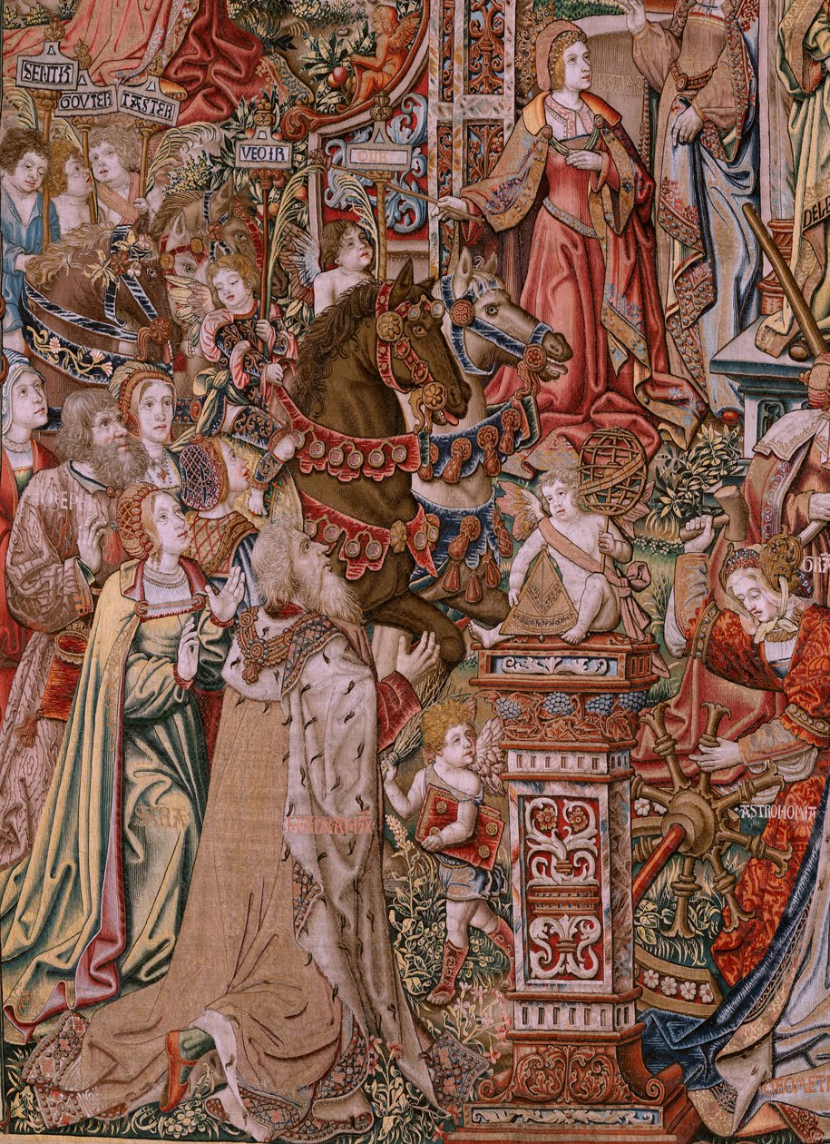 Tapeçaria flamenga. Série The Honours; Prudence (La Prudencia).Sétima tapeçaria da série. Modelos cartoonistas do círculo de Bernard van Orley e Jan Gossaert (Mabuse). Fabrico Pieter van Aelst, Bruxelas. Ca 1550. Tecido Ouro, prata, seda e w de Bernard van Orley