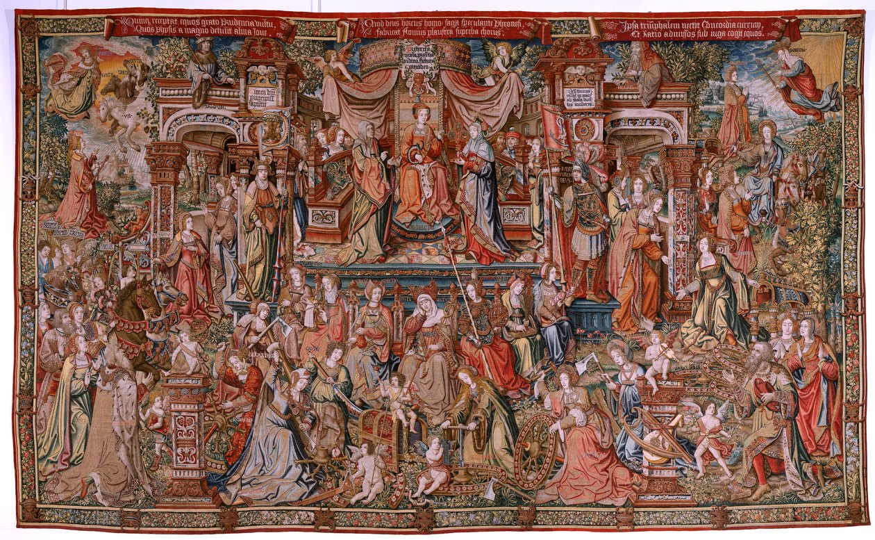 tapeçaria flamenga. Série As Honras; Prudência (La Prudencia). Sétima tapeçaria da série. Cartunistas modelo do círculo de Bernard van Orley e Jan Gossaert (Mabuse). Fabricação Pieter van Aelst, Bruxelas. Ca 1550. Tecido Ouro, prata, seda e w de Bernard van Orley