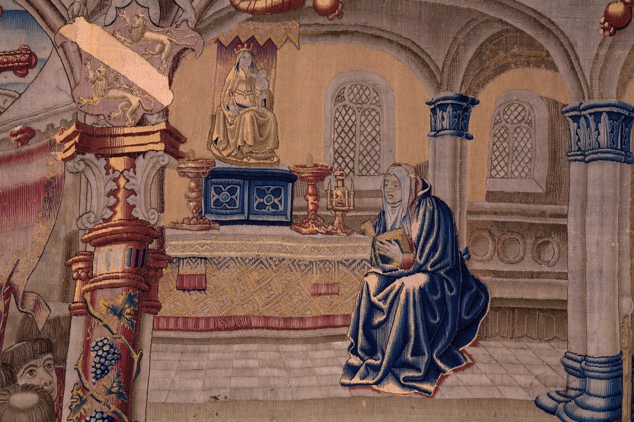 tapeçaria flamenga. Série A Lenda da Madona do Sablon (A Lenda de Nossa Senhora do Sablon). A chegada da estátua da Madonna. Fabricação de Bruxelas. O cartunista Barend van Orley de Bernard van Orley