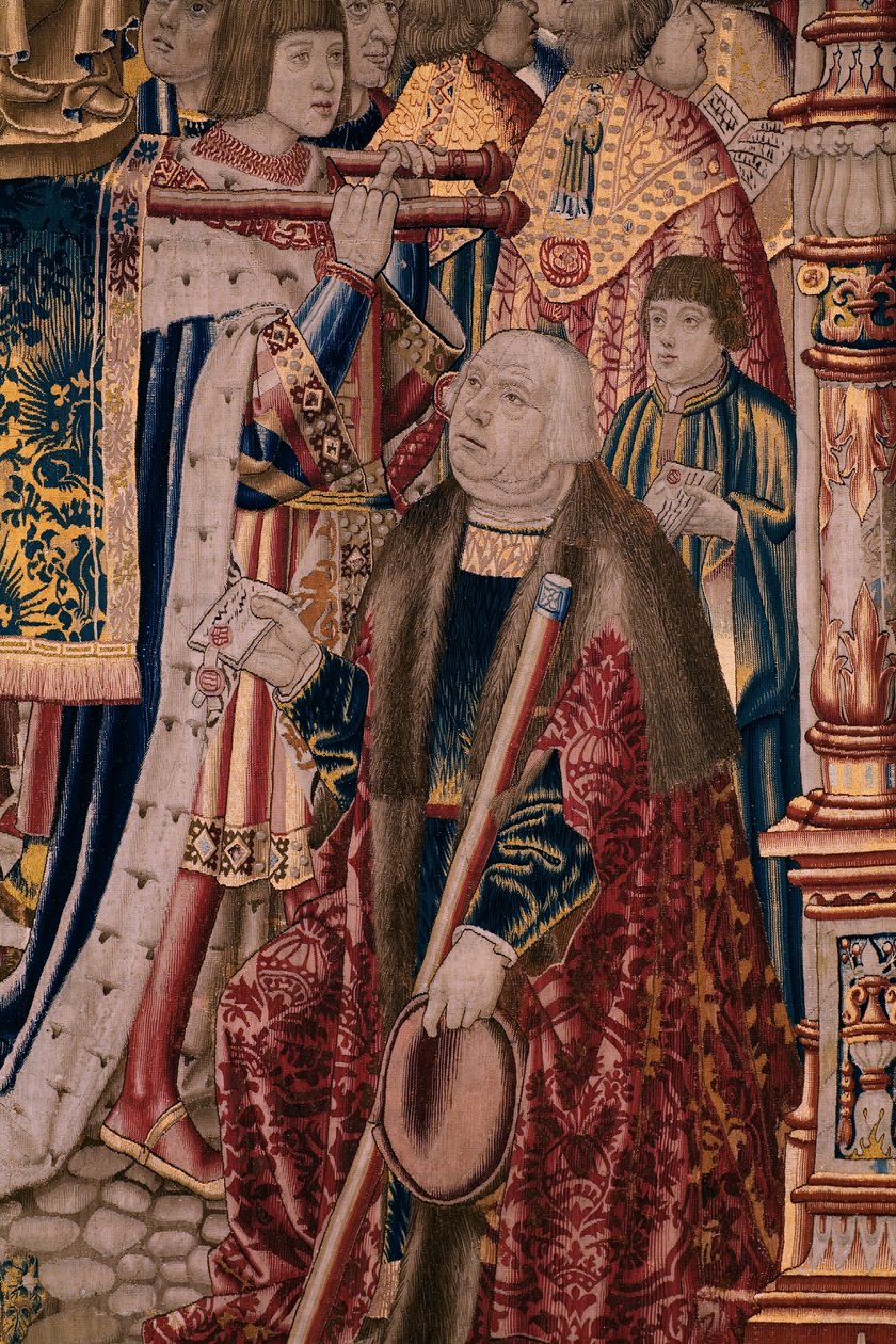 Tapeçaria flamenga. Série A Lenda da Virgem do Sablon. A Chegada da estátua da Virgem. Fabrico de Bruxelas. Cartoonista Barend van Orley de Bernard van Orley