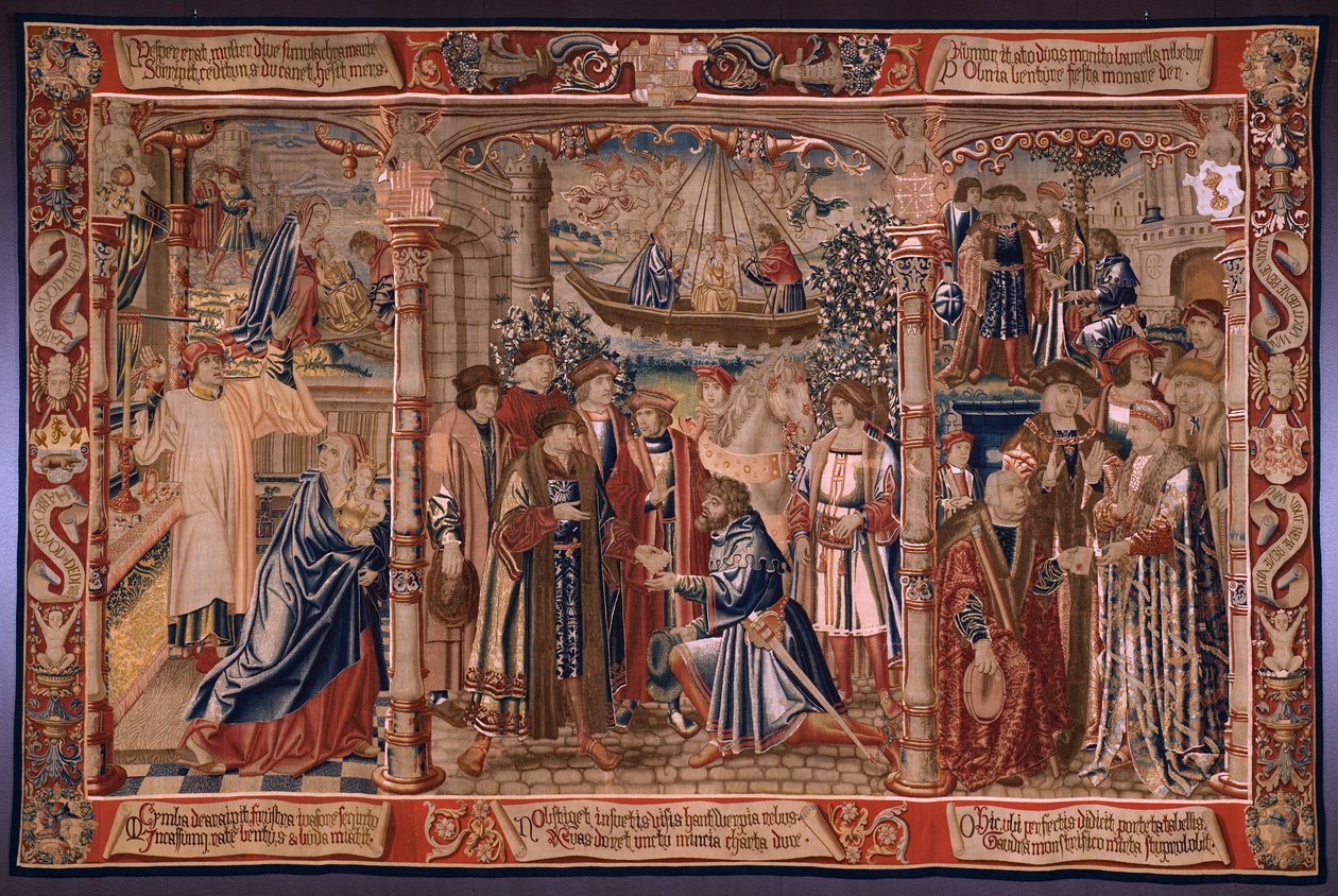 tapeçaria flamenga. Série A Lenda da Madona do Sablon (A Lenda de Nossa Senhora do Sablon). A estátua da Madonna chega à igreja de Sablon (A estátua de Nossa Senhora é levada à igreja do Sablon, La Estatua de de Bernard van Orley